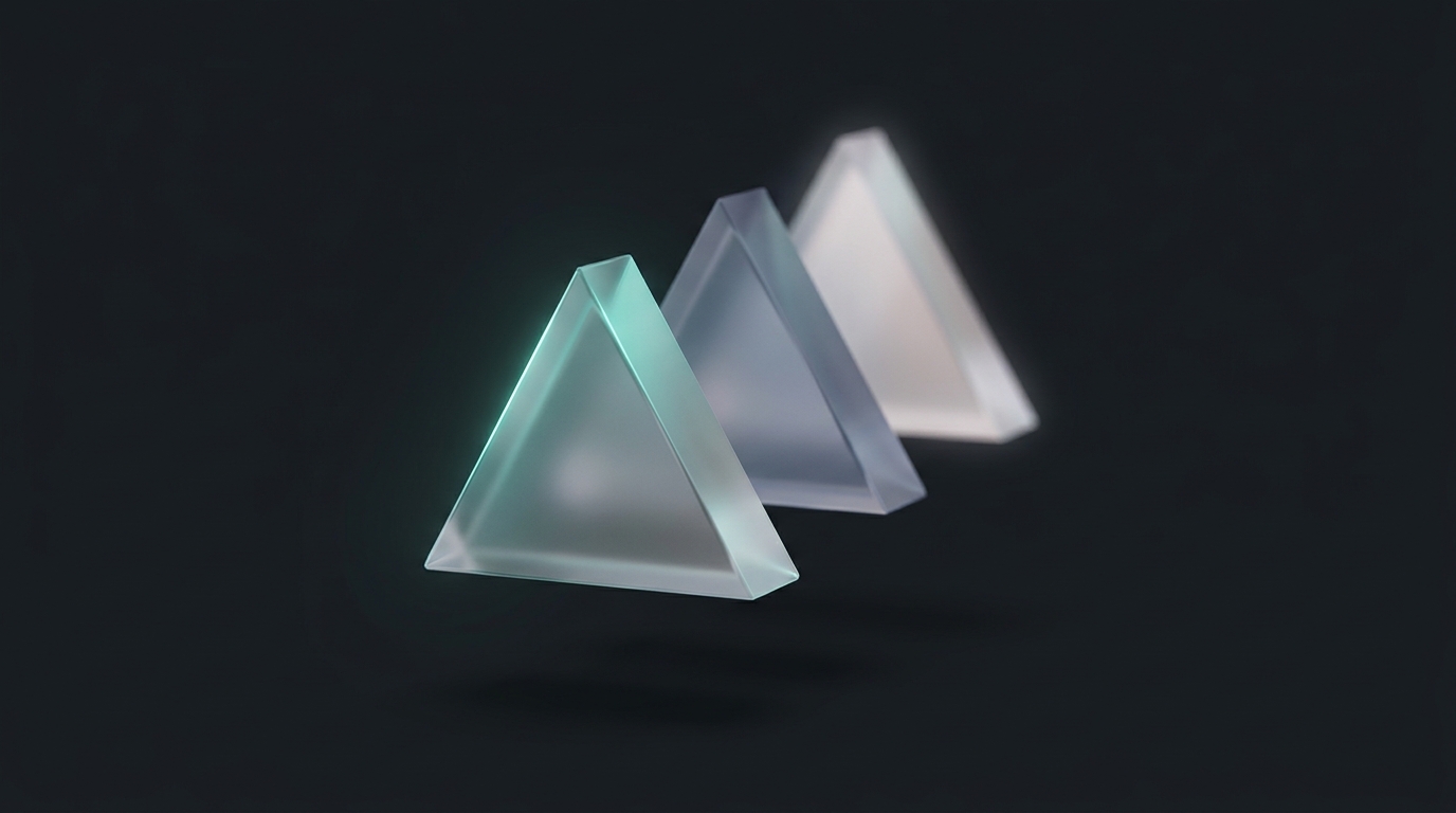 Three suspended geometric prisms in cool teal light, layered and offset against a deep slate background, soft directional glow, clean negative space
