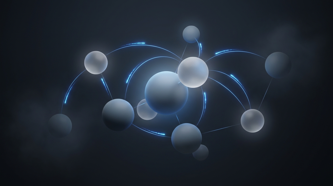 Connected nodes with electric blue light pulses on deep slate background, abstract network of geometric spheres linked by glowing trails, 3D editorial illustration