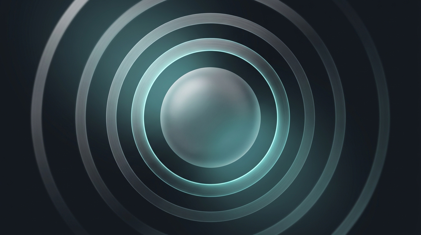 Abstract 3D editorial illustration of concentric rings with soft teal accent light on a deep slate background, radiating from a smooth frosted-glass central sphere