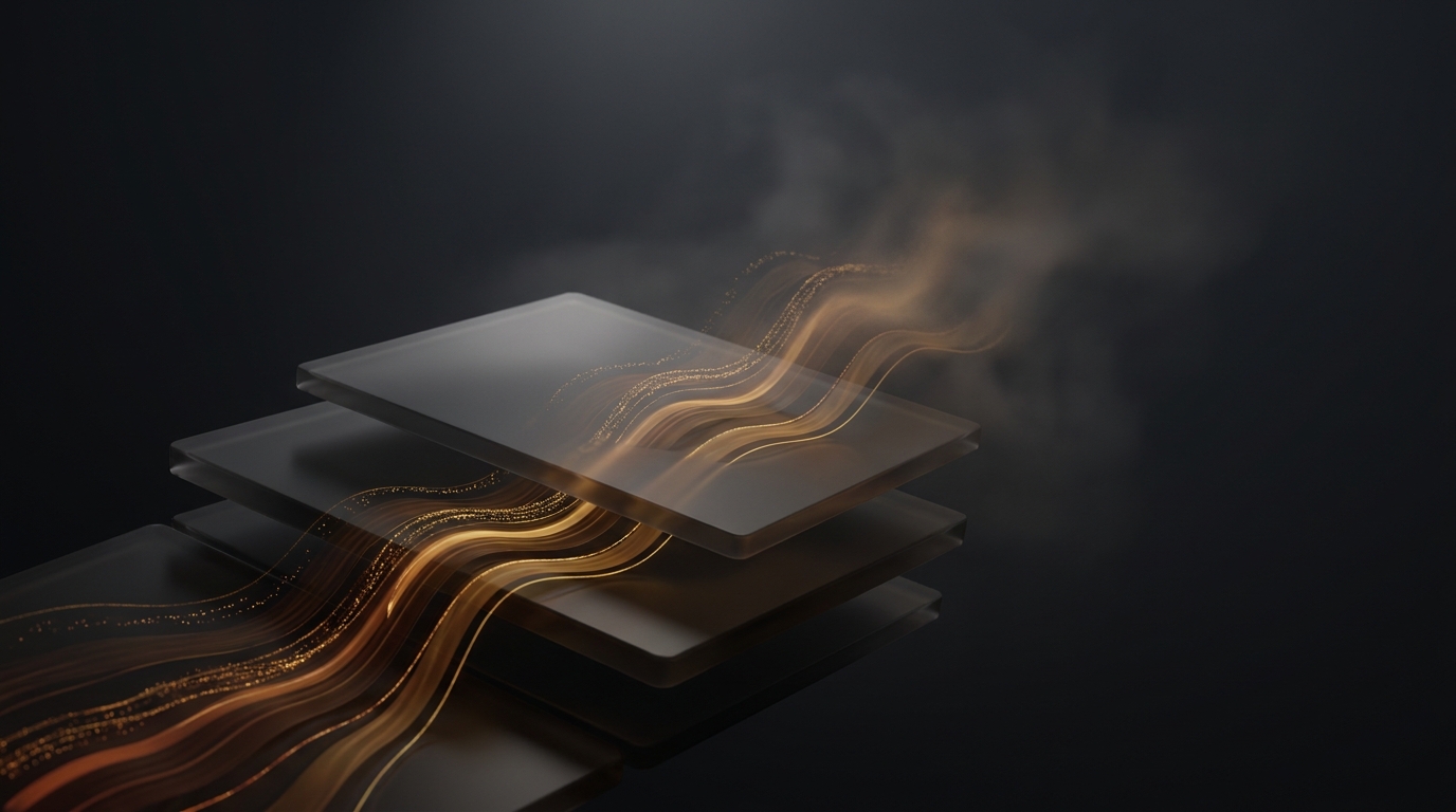 Abstract 3D illustration of flowing data ribbons curving upward along a stepped geometric surface, lit in deep amber against a near-black slate background.