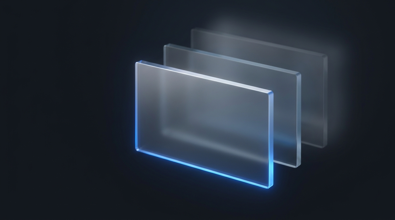Three layered translucent planes suspended in deep slate space, each lit by a single electric blue directional light, floating geometric forms with frosted glass surfaces