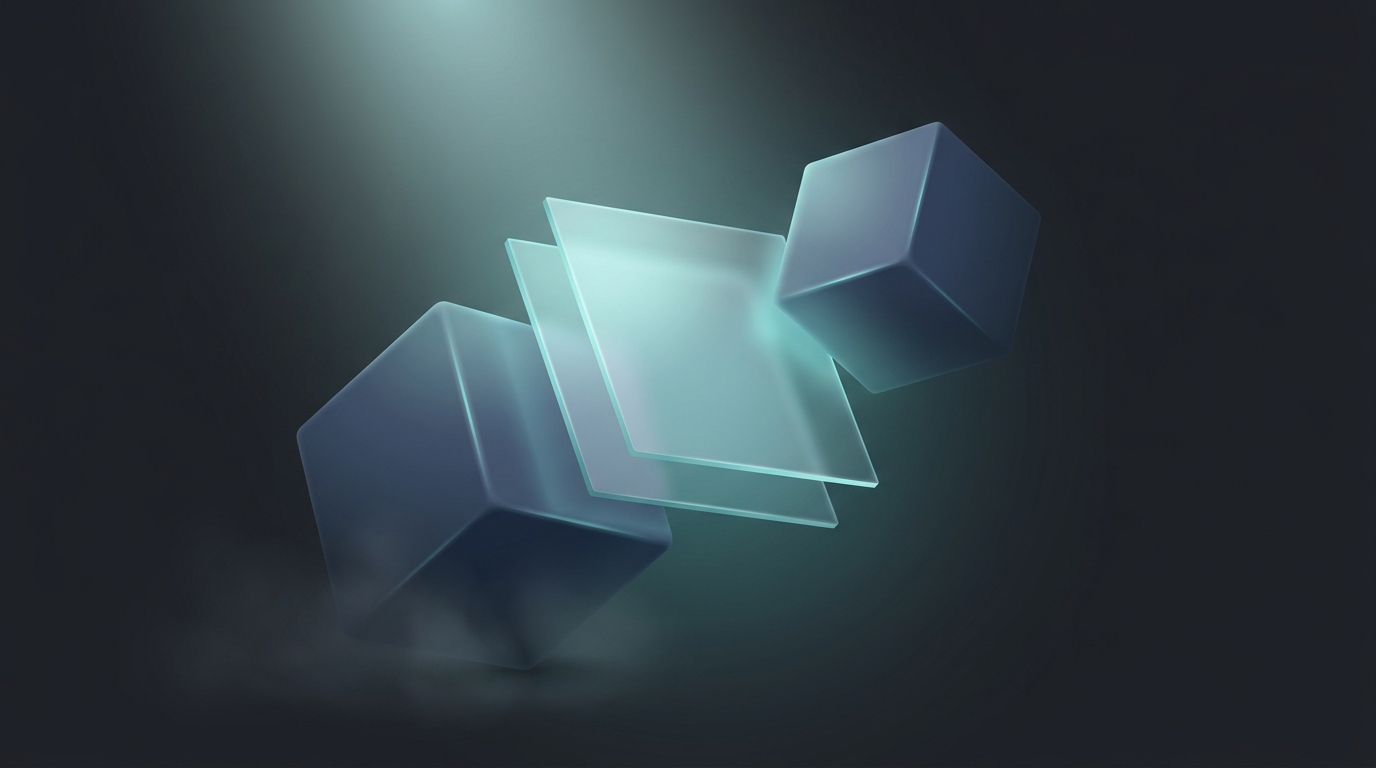 Two suspended geometric prisms facing each other on a deep slate background, lit from one side in cool teal, with layered translucent planes between them