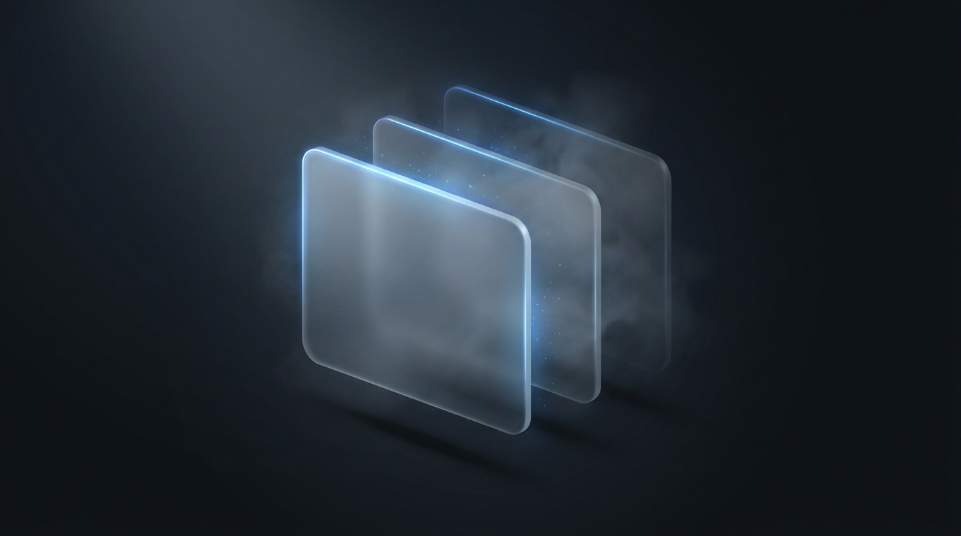 Three layered translucent planes suspended in deep slate space, glowing with electric blue light along their edges, each slightly offset from the next.