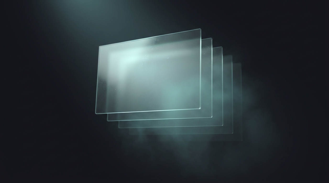 Stacked translucent geometric planes in cool teal against deep slate background, lit from one side with soft directional light, frosted glass surfaces
