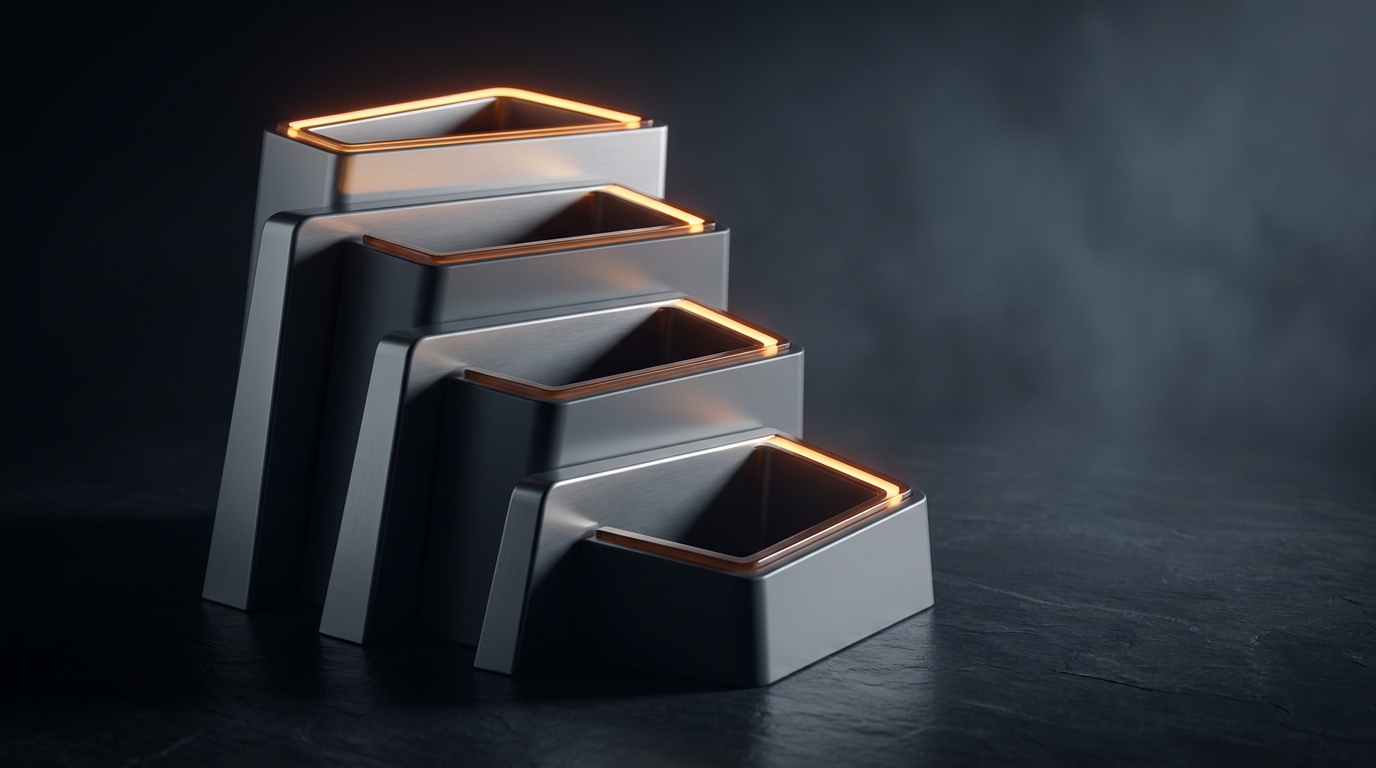 Editorial illustration of a layered architectural form rising from a dark slate surface, lit in deep amber, with soft volumetric haze and smooth polymer textures