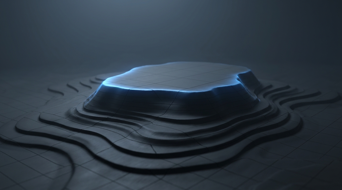 Abstract 3D illustration of a topographic gridded surface with a glowing electric blue peak plateauing mid-rise, on a deep slate background with soft directional lighting.