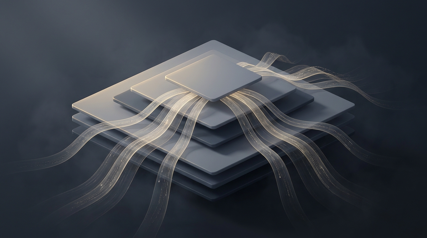 Editorial illustration of glowing muted gold data ribbons flowing through a layered geometric structure against a deep slate background with soft directional light.