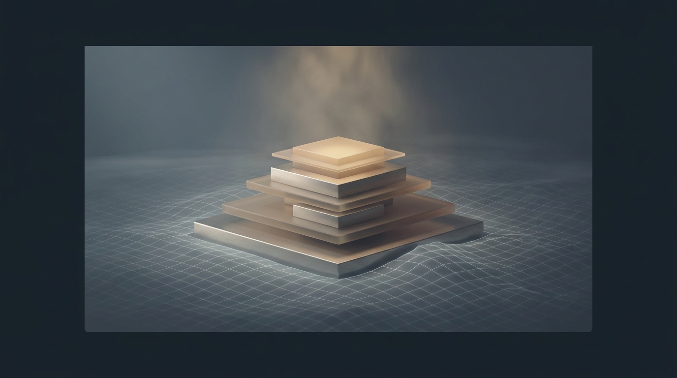 Abstract 3D editorial illustration of a layered architectural form rising from a topographic landscape in muted gold tones against a deep slate background