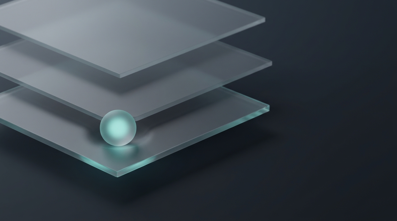 A small glowing sphere trapped beneath stacked translucent planes, lit by a single cool teal light source against a deep slate background.