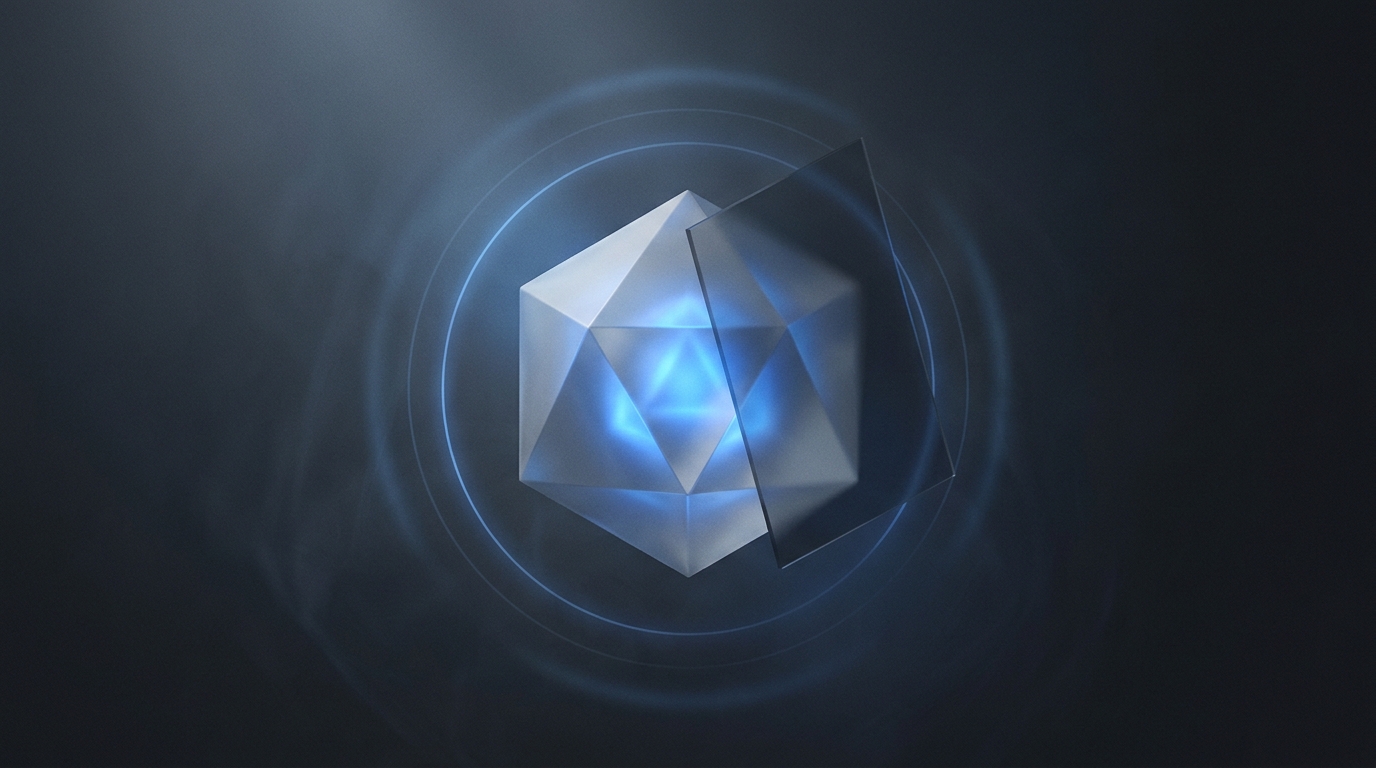 Abstract 3D editorial illustration: a glowing electric-blue geometric prism suspended above a dark slate surface, surrounded by faint concentric rings, soft directional light.