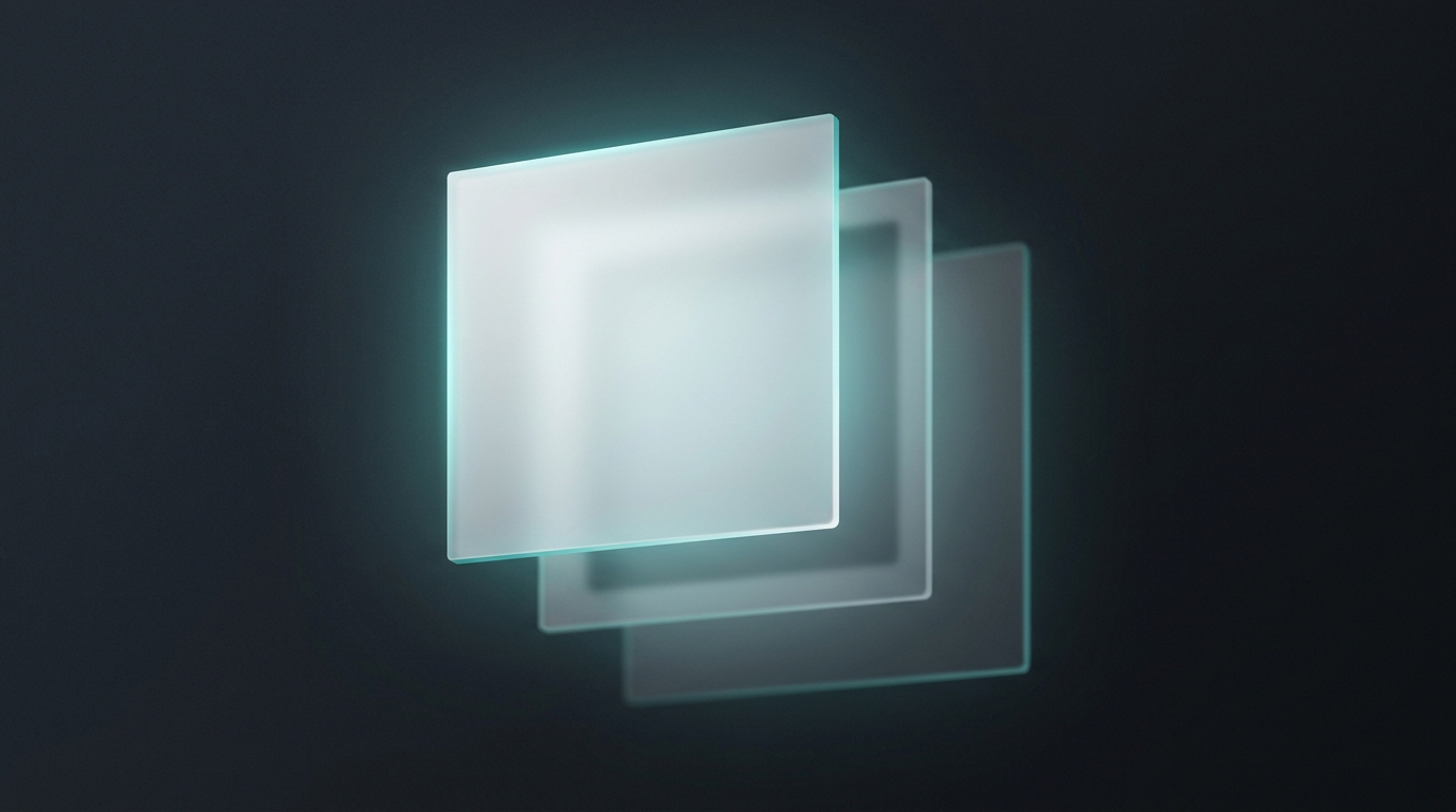 Three layered translucent planes floating against a deep slate background, lit by a single cool teal light source with soft volumetric depth