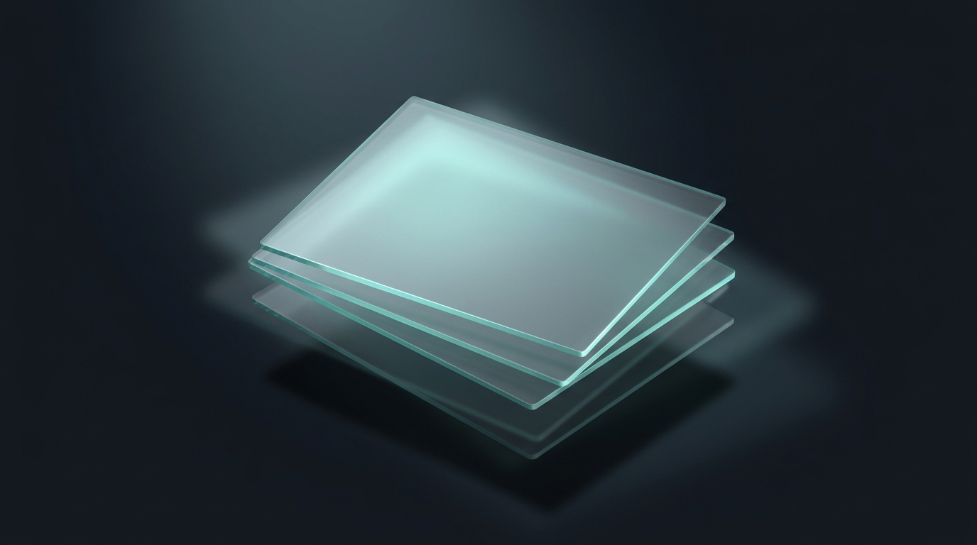 Abstract 3D illustration of layered translucent planes stacked and offset in cool teal against a deep slate background, lit from a single left-side source.