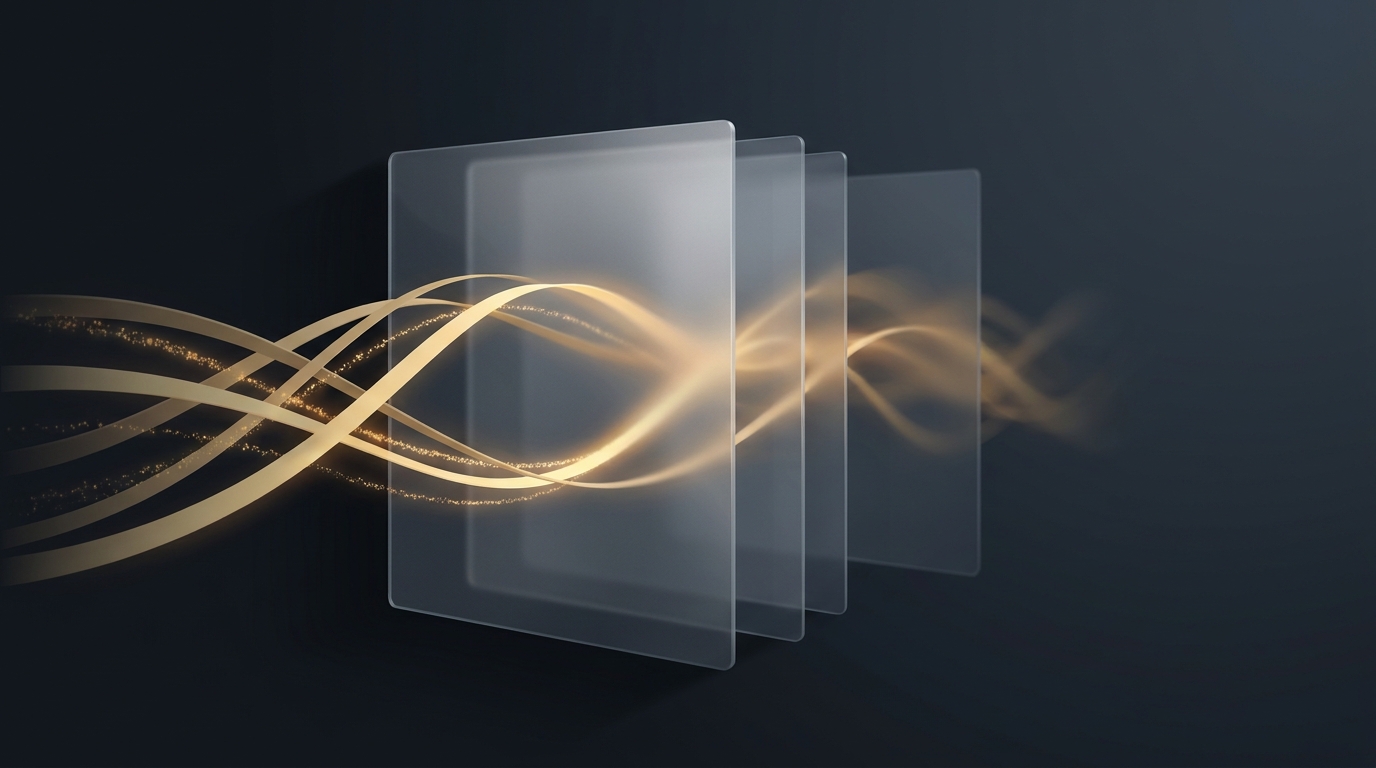 Editorial illustration of glowing muted gold data ribbons flowing through layered translucent planes on a deep slate background, with soft directional lighting