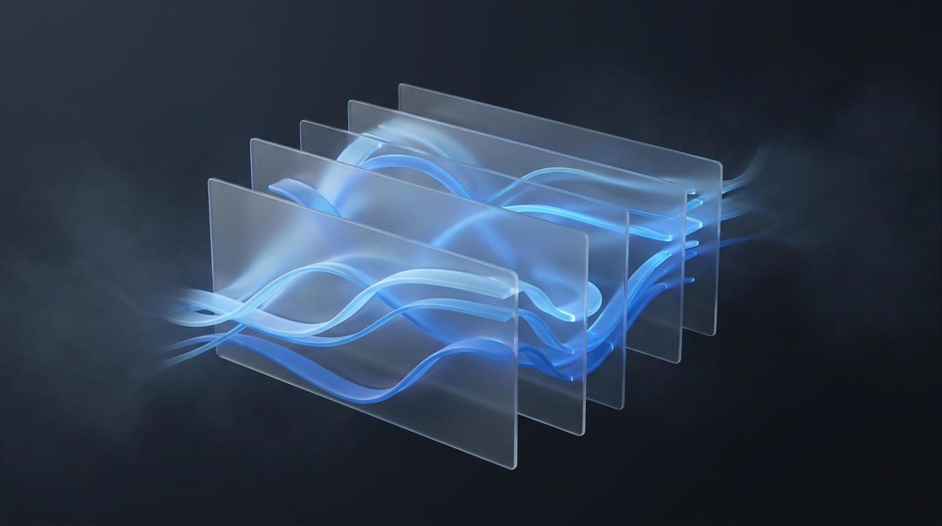 Abstract 3D illustration of flowing electric-blue data ribbons weaving through layered translucent planes on a deep slate background