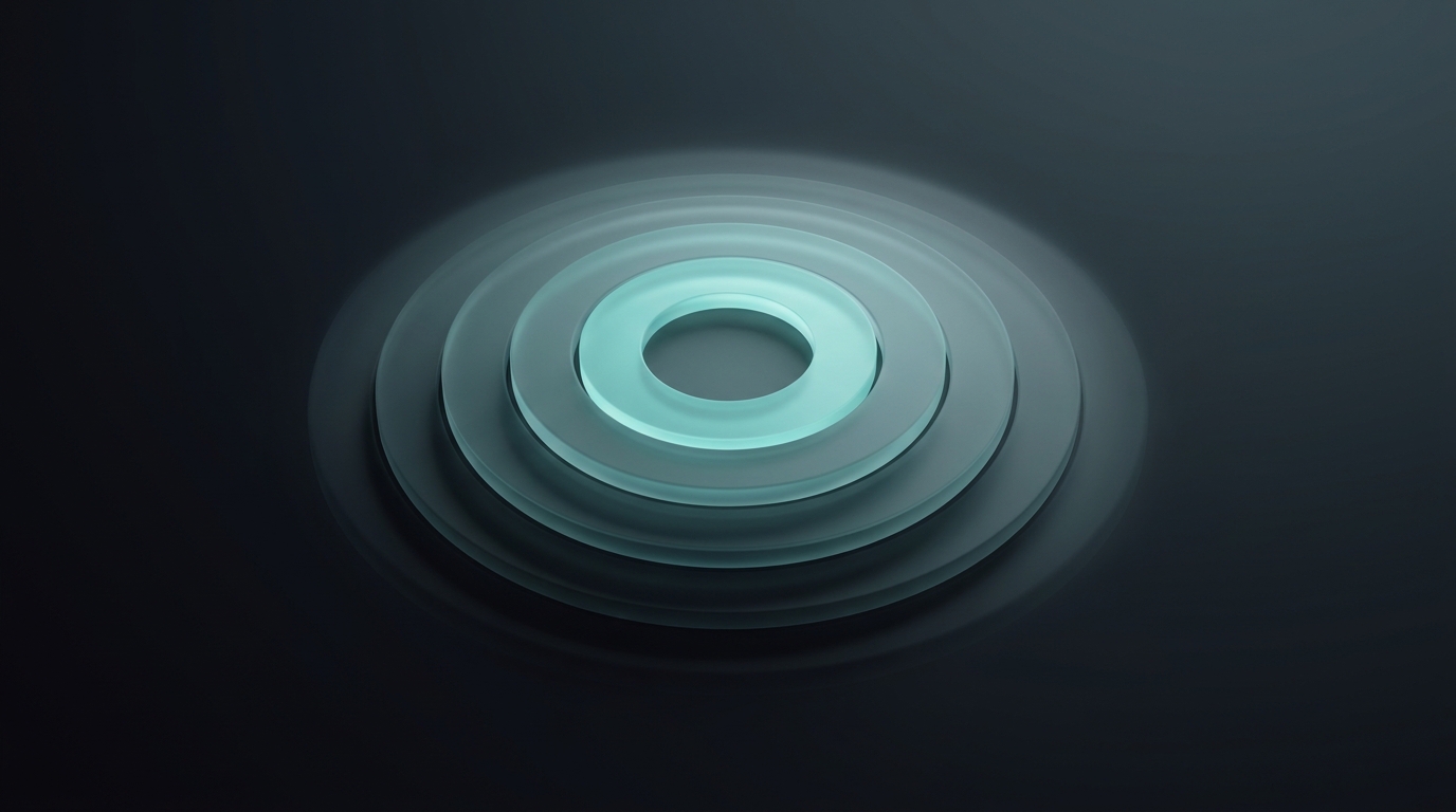 Editorial illustration of concentric orbital rings in cool teal hovering over a deep slate surface, soft volumetric haze, single directional light source, clean negative space