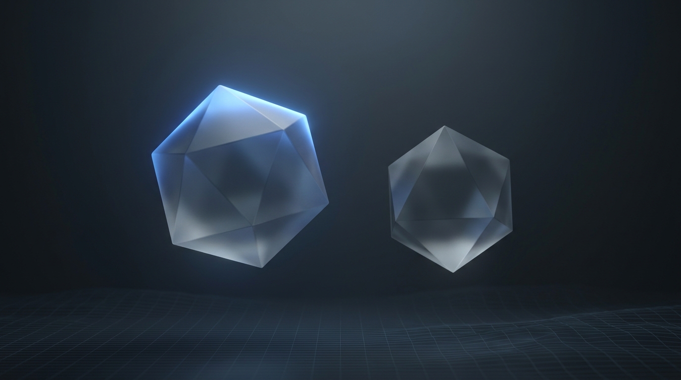 Two suspended geometric prisms side by side, one larger, one smaller, lit in electric blue against a deep slate background, casting soft shadows on a smooth surface.