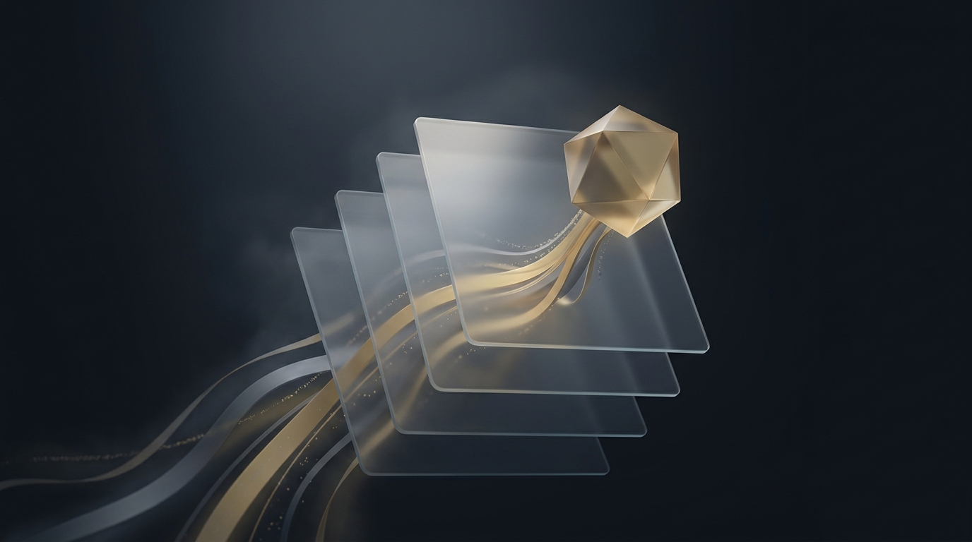 Abstract 3D editorial illustration of glowing muted gold data ribbons flowing through layered translucent planes on a deep slate background, lit by a single soft directional light source.