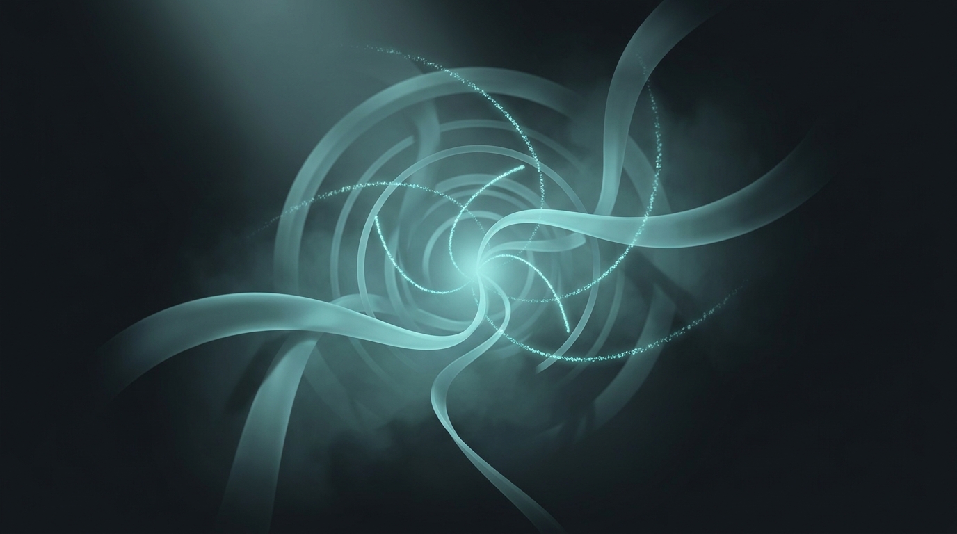 Editorial illustration of glowing teal data ribbons curving through a dark slate space, forming concentric rings that taper toward a centered focal point.