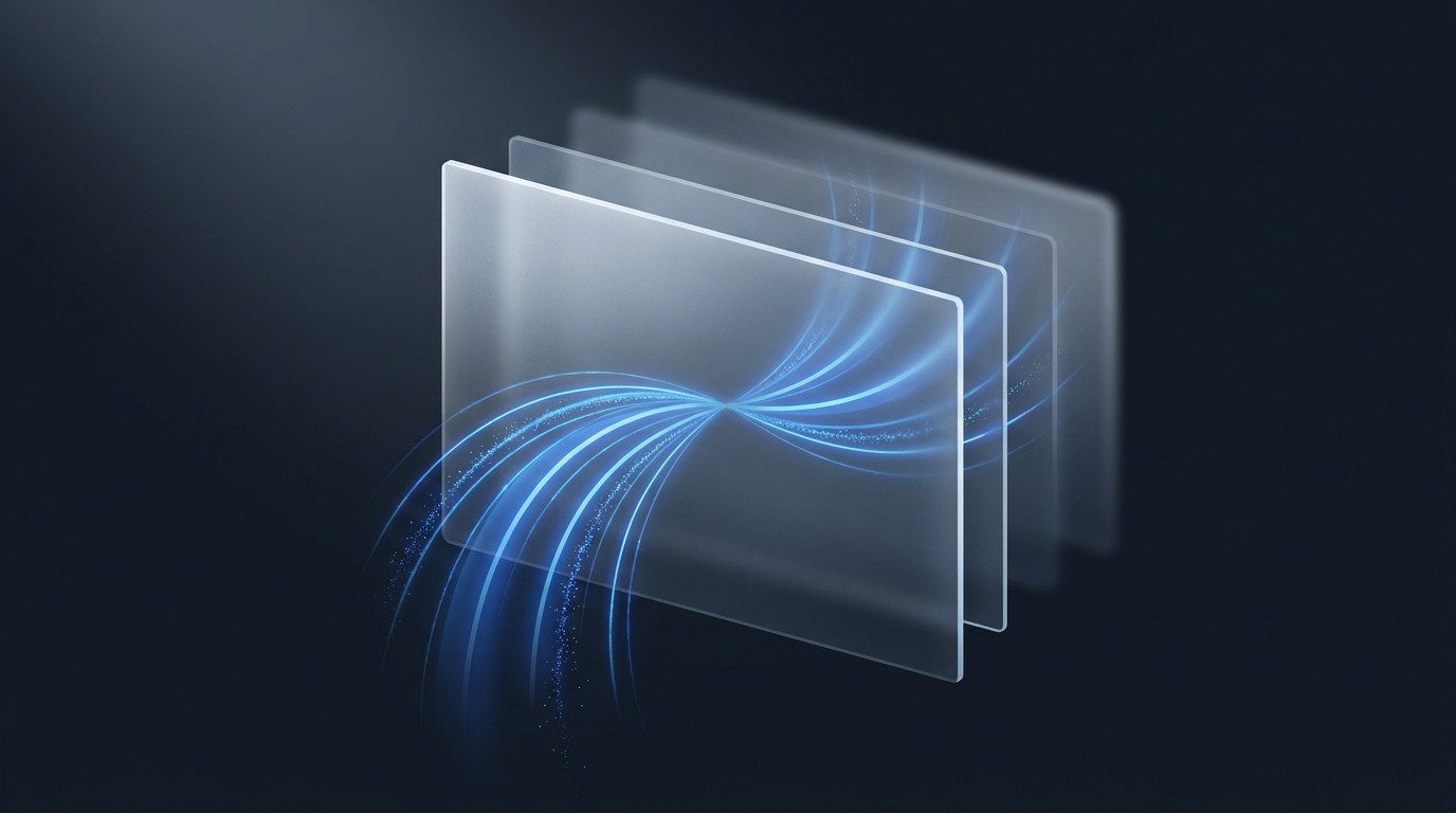 3D editorial illustration of glowing electric blue data ribbons flowing through layered translucent planes against a deep slate background, soft directional lighting