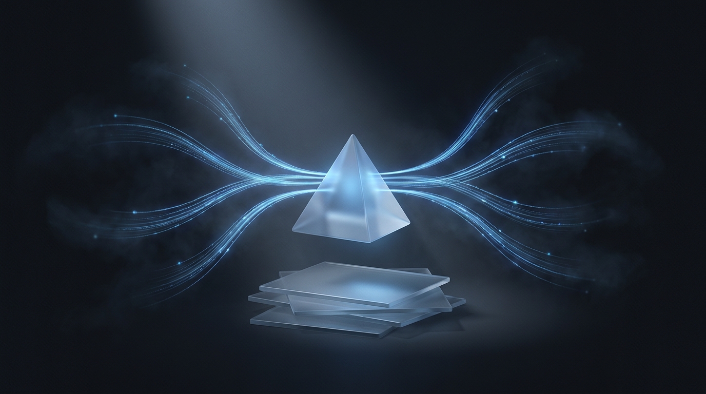 Abstract 3D illustration of flowing data ribbons and glowing particle trails in electric blue against a deep slate background, representing ecommerce ROAS optimization levers.