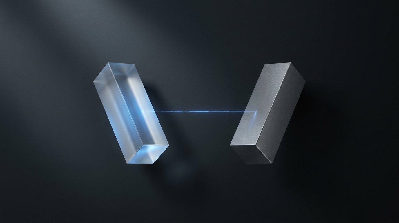 Two suspended geometric prisms facing each other, one electric blue, one gray, on a deep slate background with soft directional lighting and frosted glass surfaces.