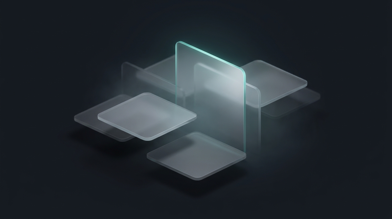 Abstract 3D illustration of stacked translucent planes in varying heights against a dark slate background, lit by a single cool teal light source