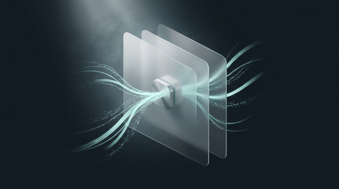 3D editorial illustration of glowing cool teal data ribbons flowing through layered translucent planes on a deep slate background with soft directional lighting