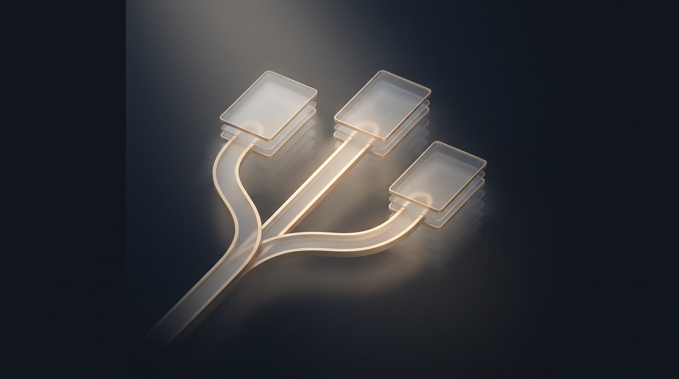 Abstract editorial illustration of flowing data ribbons and layered translucent planes in muted gold against a deep slate background, suggesting agency scale and execution flow.