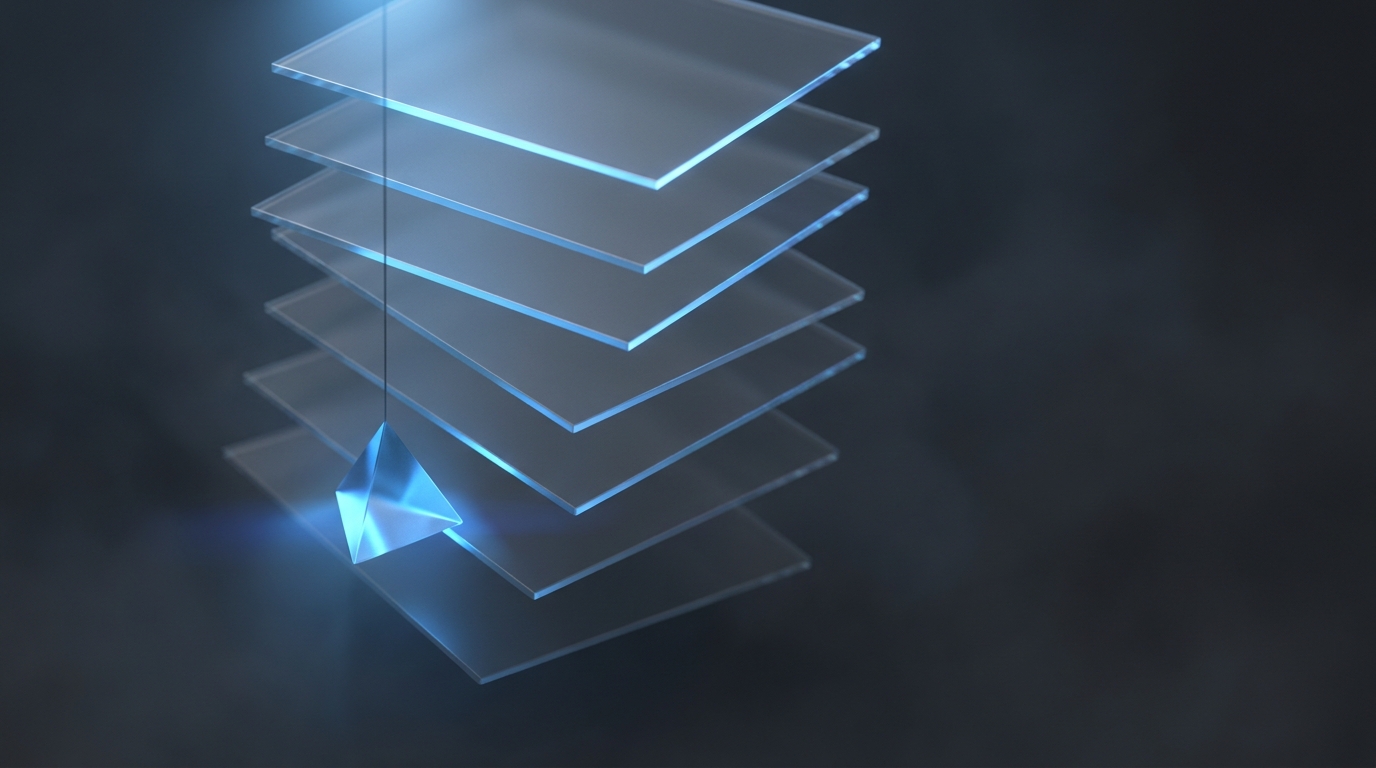 Abstract 3D editorial illustration of layered translucent planes and suspended geometric prisms in electric blue against a deep slate background, soft directional lighting