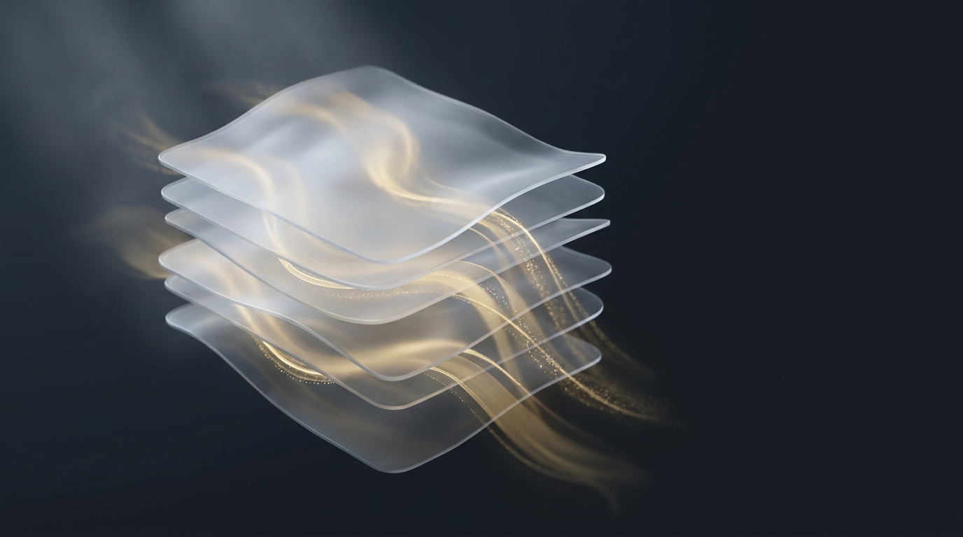 Editorial illustration of glowing muted gold data ribbons flowing through stacked translucent planes on a deep slate background, soft directional light