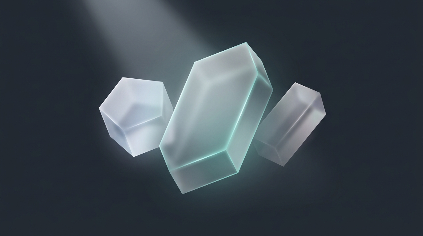 Three suspended geometric prisms in cool teal light float against a deep slate background, each lit from one side with soft directional light and frosted glass surfaces.