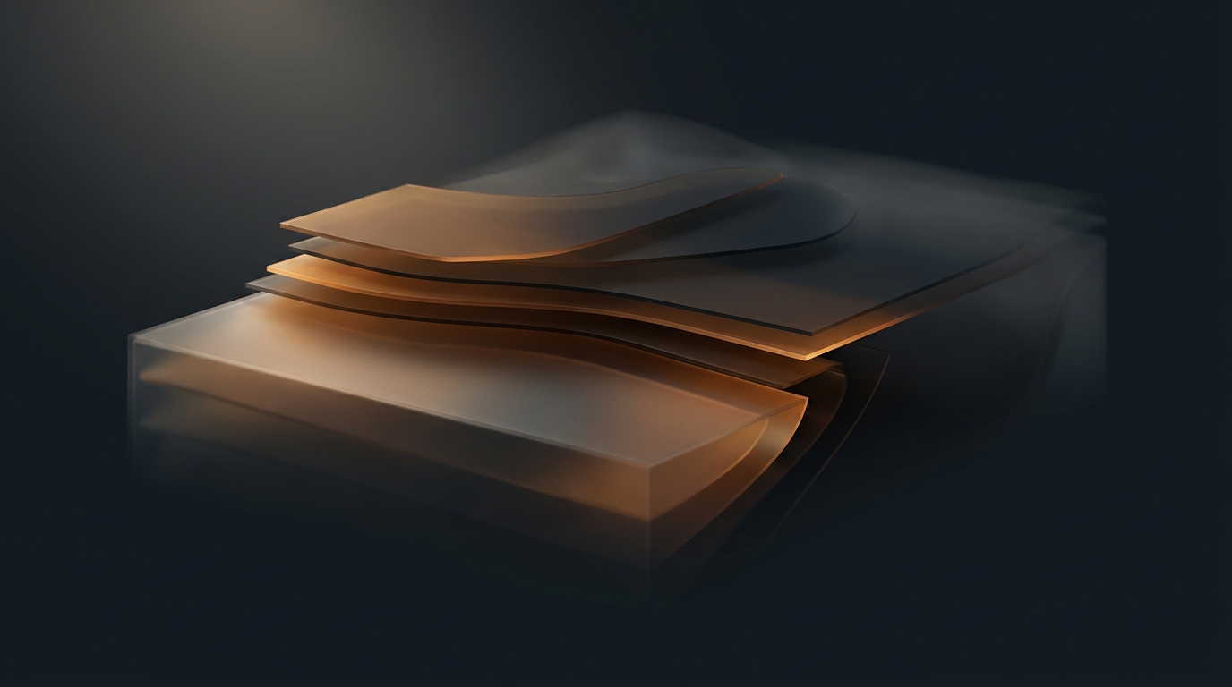 Abstract layered architectural forms in deep amber rising from a near-black slate background, lit by a single soft directional light source with frosted glass surface treatment.