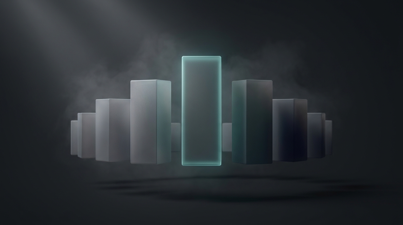 3D illustration of a glowing teal bar chart with a tall narrow peak and flat surrounding bars on a dark slate background, representing shrinking volume behind high ROAS