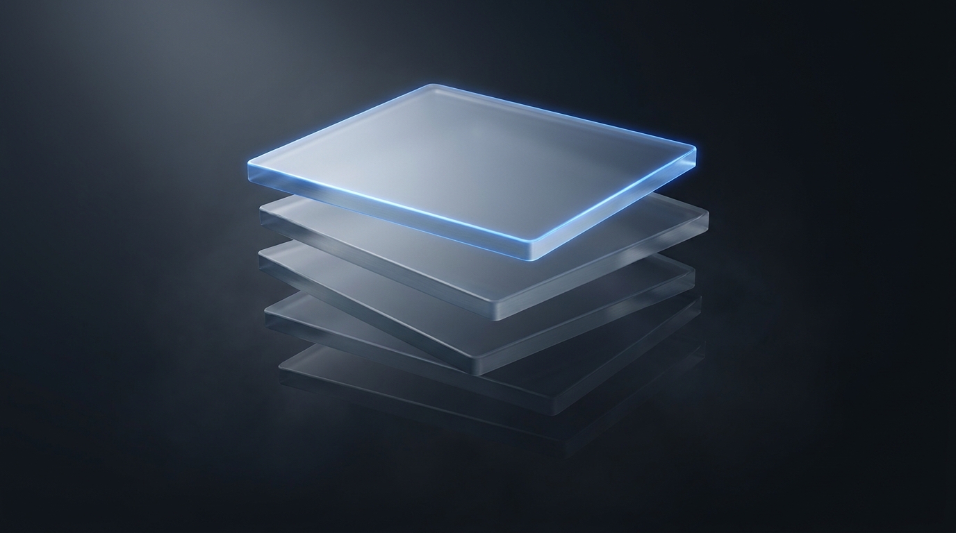 Editorial illustration of stacked translucent planes with cracks and misalignment, lit in electric blue against a deep slate background, suggesting structural fragmentation.