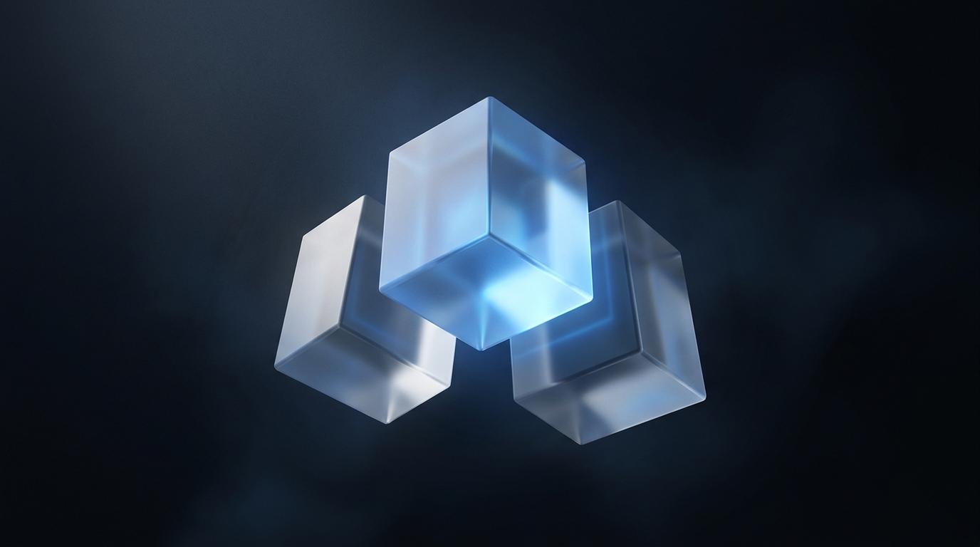 Three suspended geometric prisms in electric blue tones float against a deep slate background, layered and lit from a single side, with soft volumetric haze.