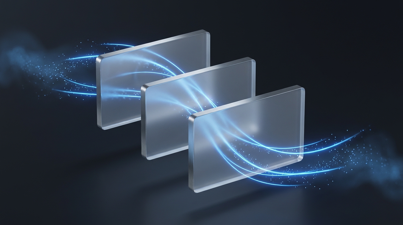 Editorial illustration of glowing electric blue data ribbons flowing through layered translucent planes on a deep slate background with soft directional lighting