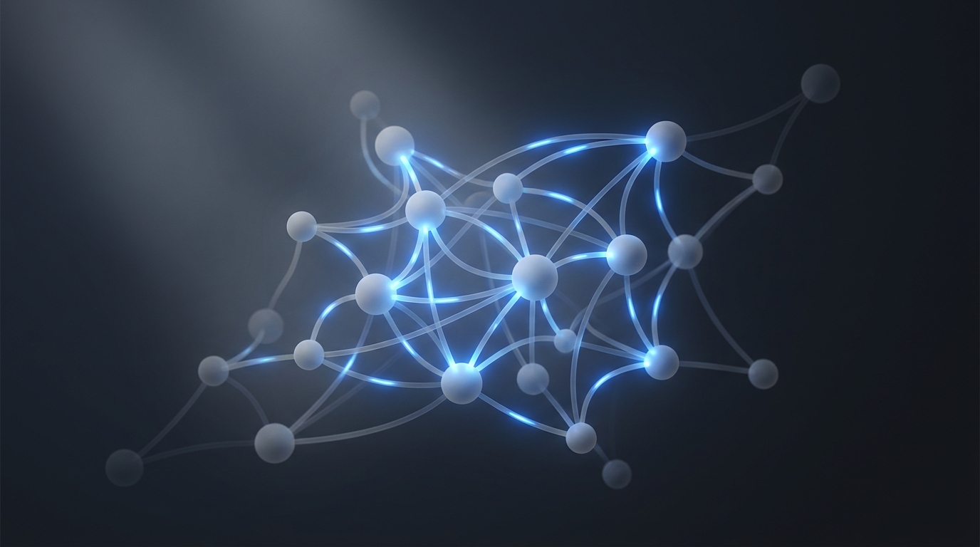 Editorial illustration of glowing connected nodes with electric blue light pulses on a deep slate background, representing AI-powered advertising intelligence.