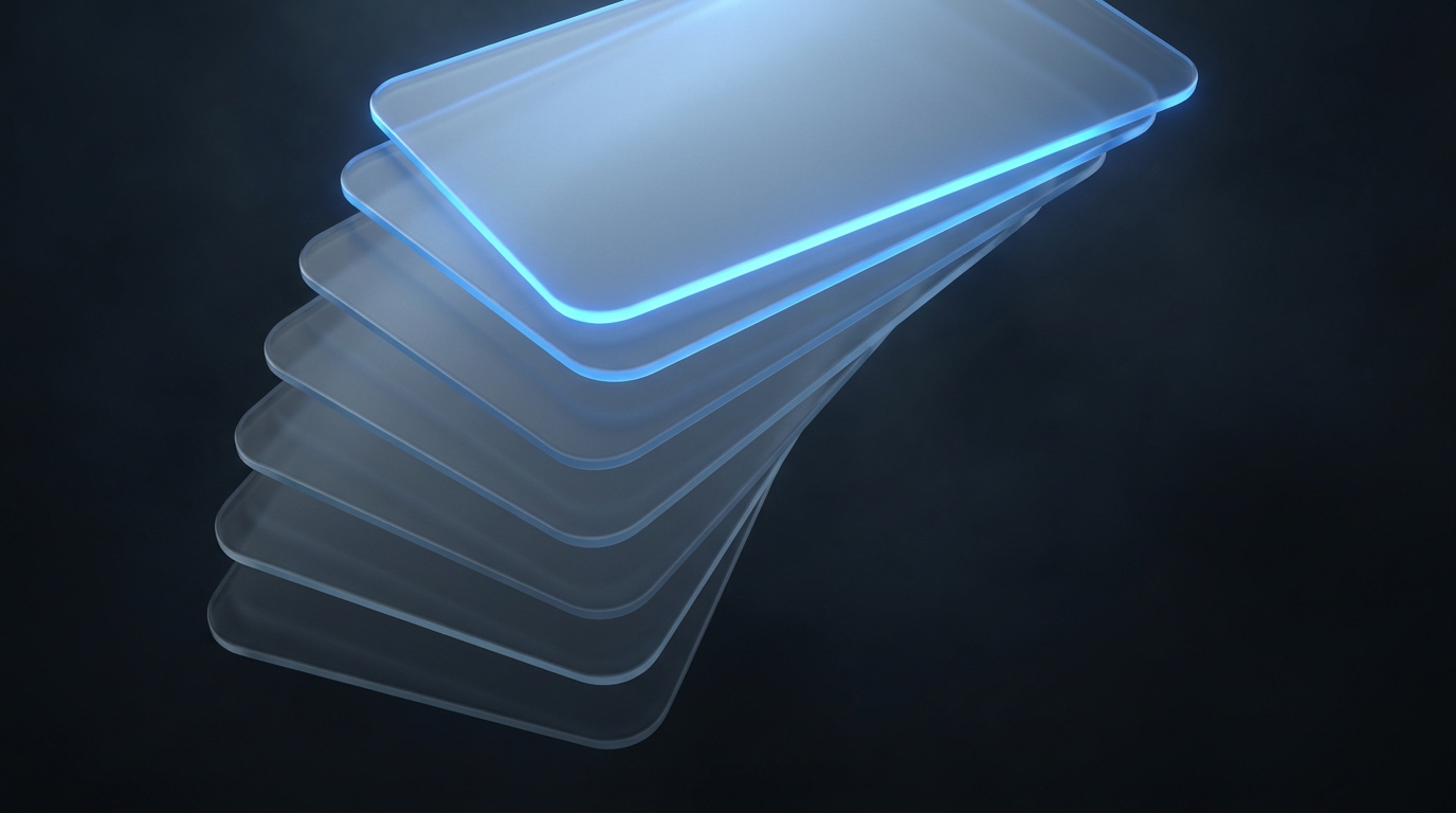 Abstract 3D illustration of stacked translucent planes on a dark slate background, lit with electric blue accent light from a single directional source