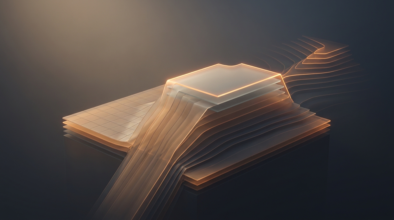 Editorial illustration of a layered topographic landscape rising through translucent amber-tinted planes against a deep slate background, lit from a single directional source.