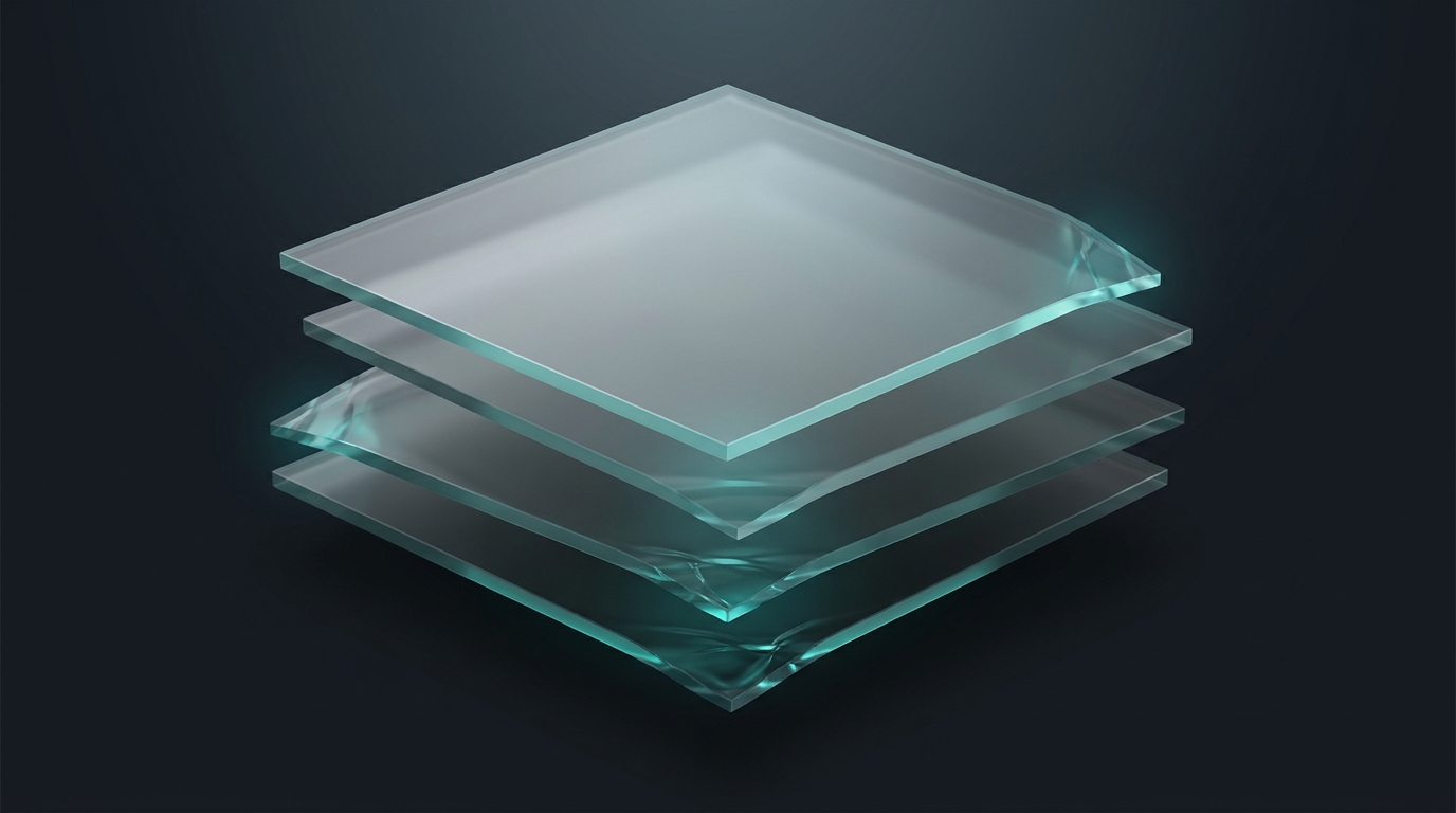 Abstract 3D editorial illustration of stacked translucent geometric planes in cool teal against a deep slate background, lit from a single directional light source.