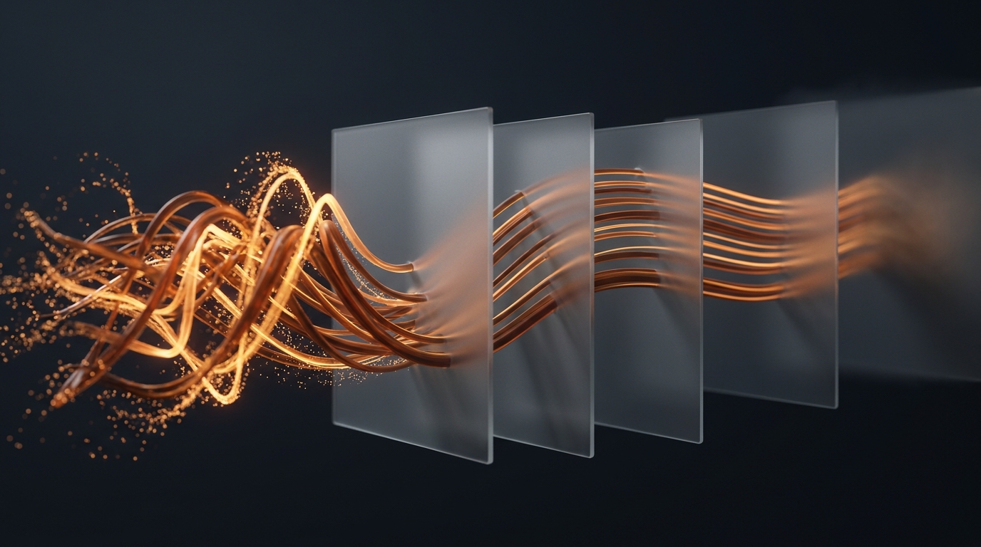 Abstract 3D illustration of glowing deep amber data ribbons flowing through layered frosted glass planes on a deep slate background