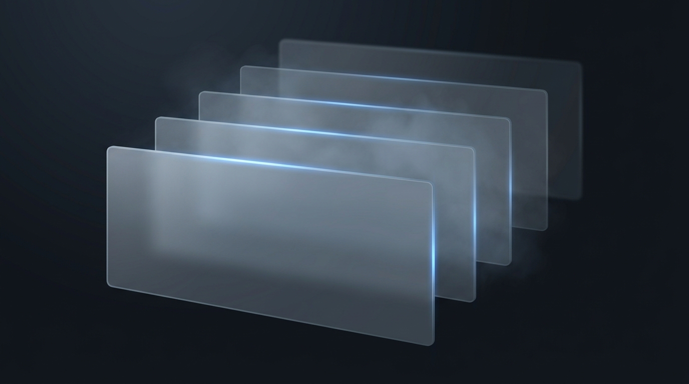 Four layered translucent planes in electric blue suspended against a deep slate background, each lit from a single left-side light source with frosted glass material.