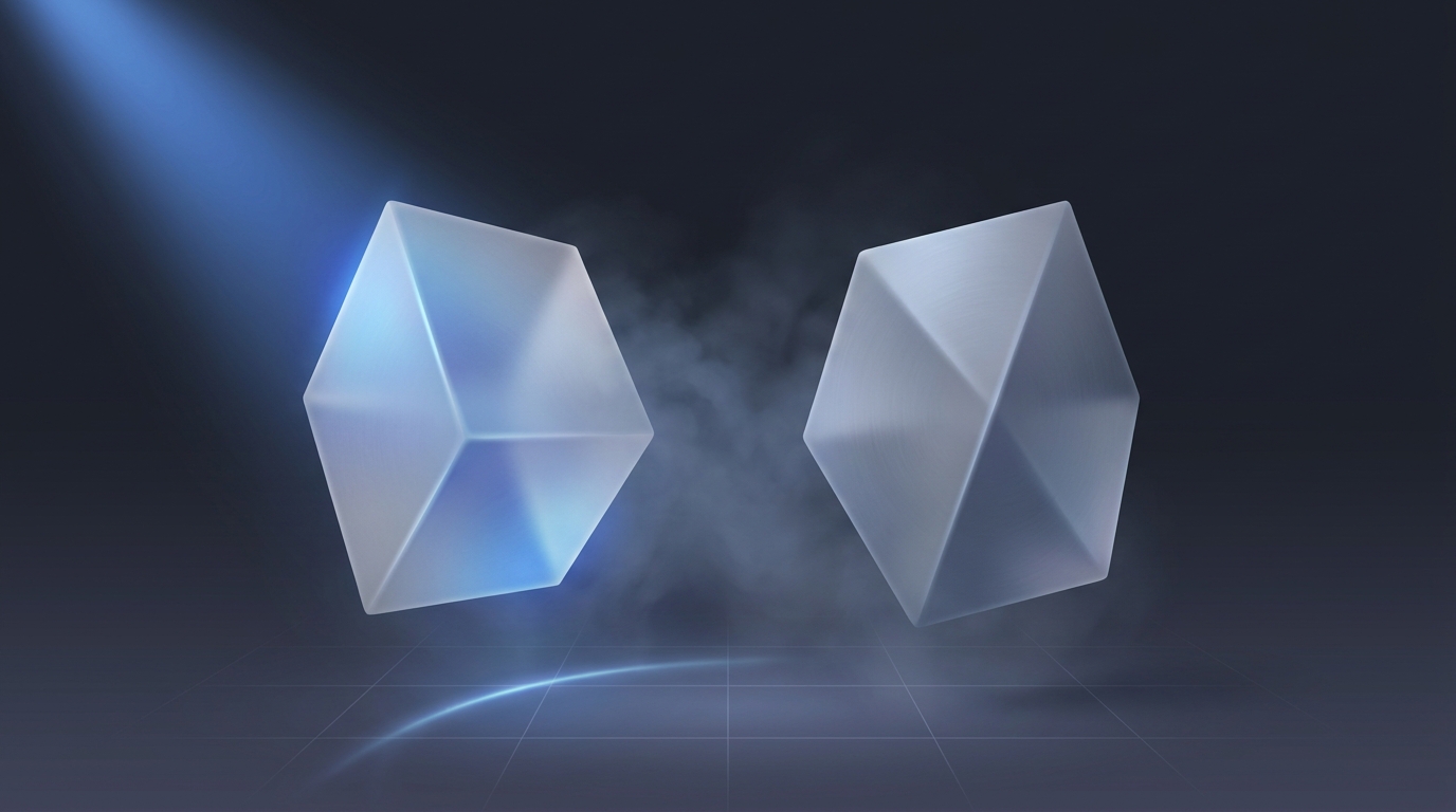 Two suspended geometric prisms facing each other, lit from one side in electric blue, against a deep slate background with soft volumetric haze.
