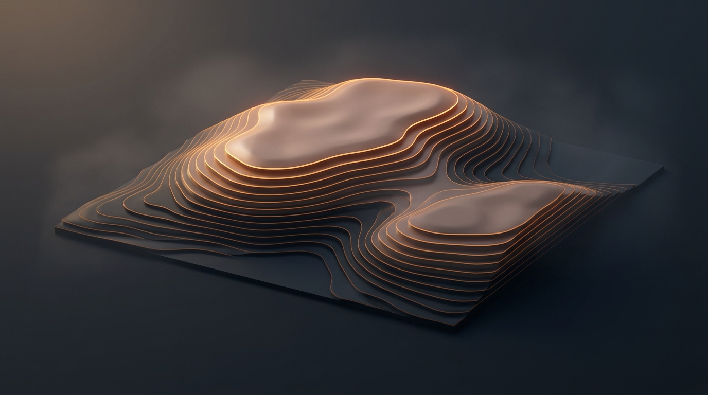 Editorial illustration of a layered topographic landscape with amber contour ridges rising from a deep slate background, lit by a single soft directional light source.