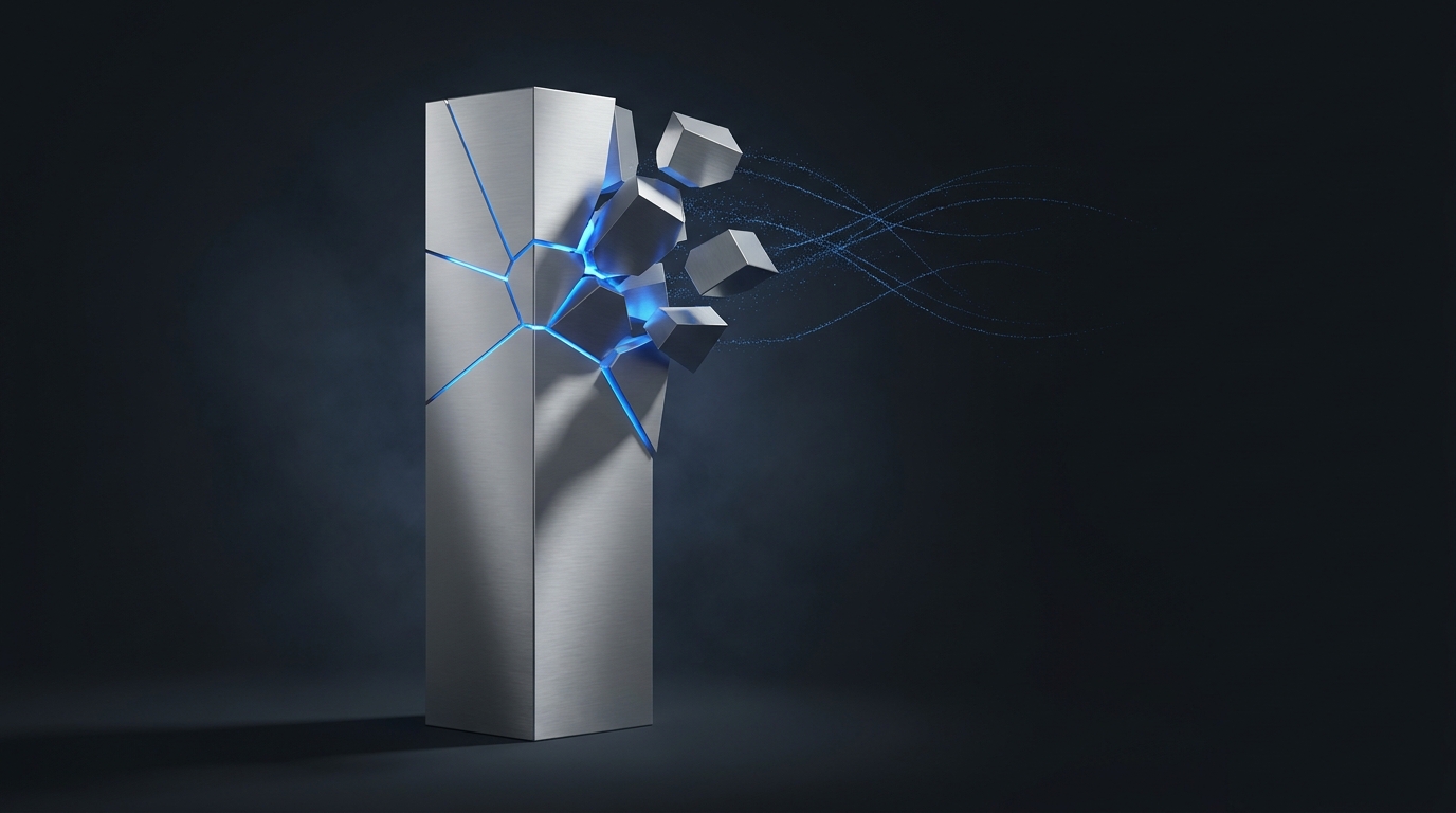 Abstract 3D illustration of a crumbling geometric column with electric blue light pulses on a deep slate background