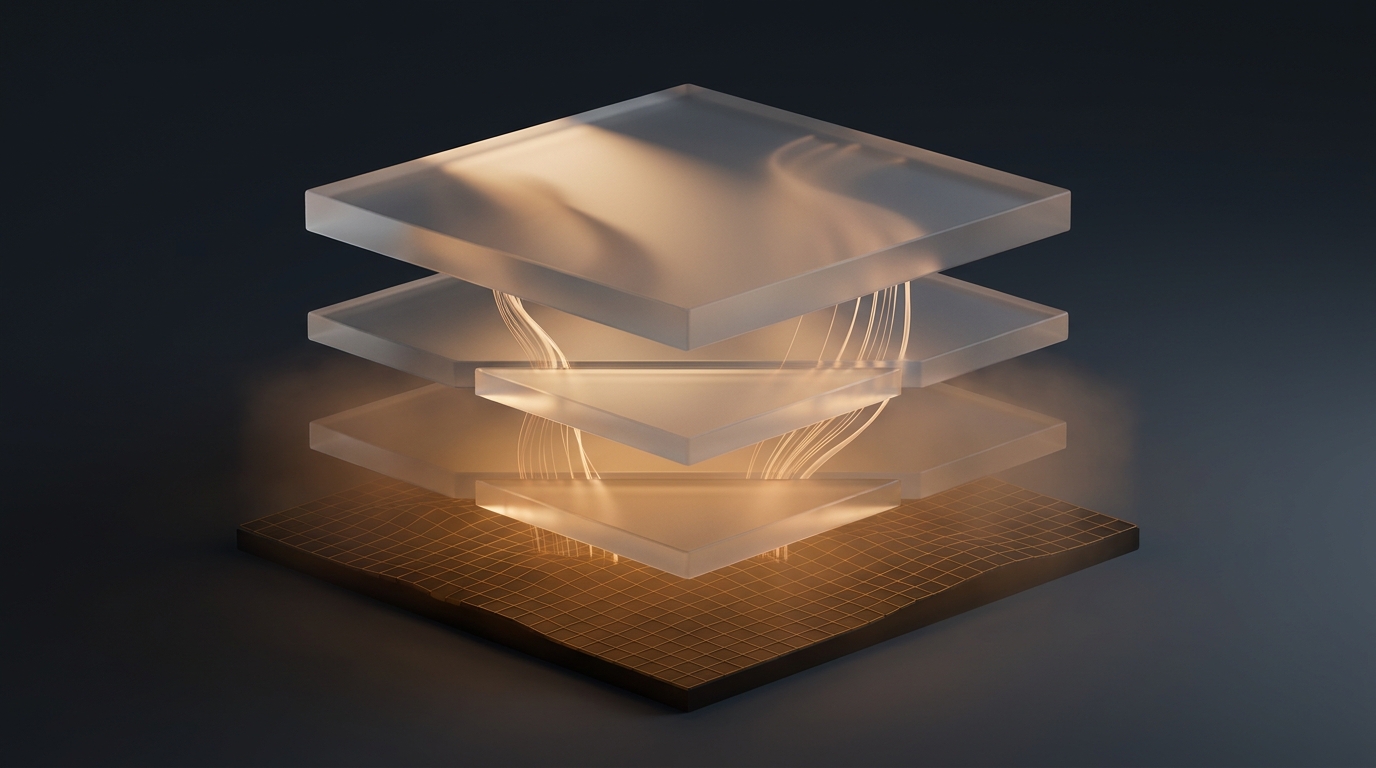 Abstract layered architectural tiers rise from a deep slate surface, lit by warm amber light, with flowing data ribbons weaving upward through translucent frosted-glass planes.