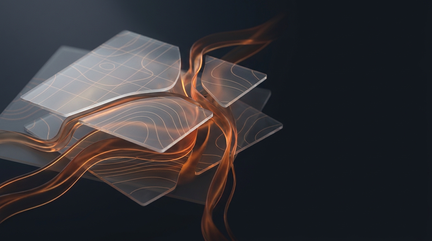 Abstract 3D editorial illustration of layered translucent planes and flowing data ribbons in deep amber against a deep slate background, centered composition with soft directional lighting