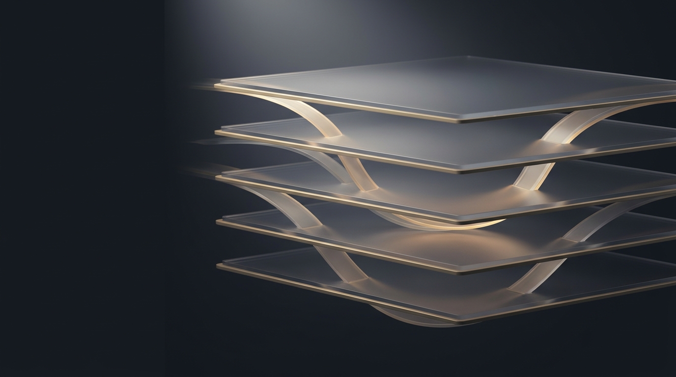 Abstract 3D illustration of layered translucent planes and flowing data ribbons in muted gold against a deep slate background with soft directional lighting