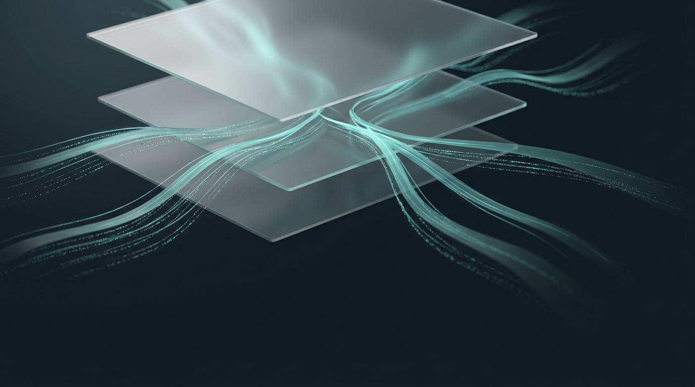 Editorial illustration of glowing cool teal data ribbons flowing through layered translucent planes on a deep slate background, soft directional light, 3D rendered.