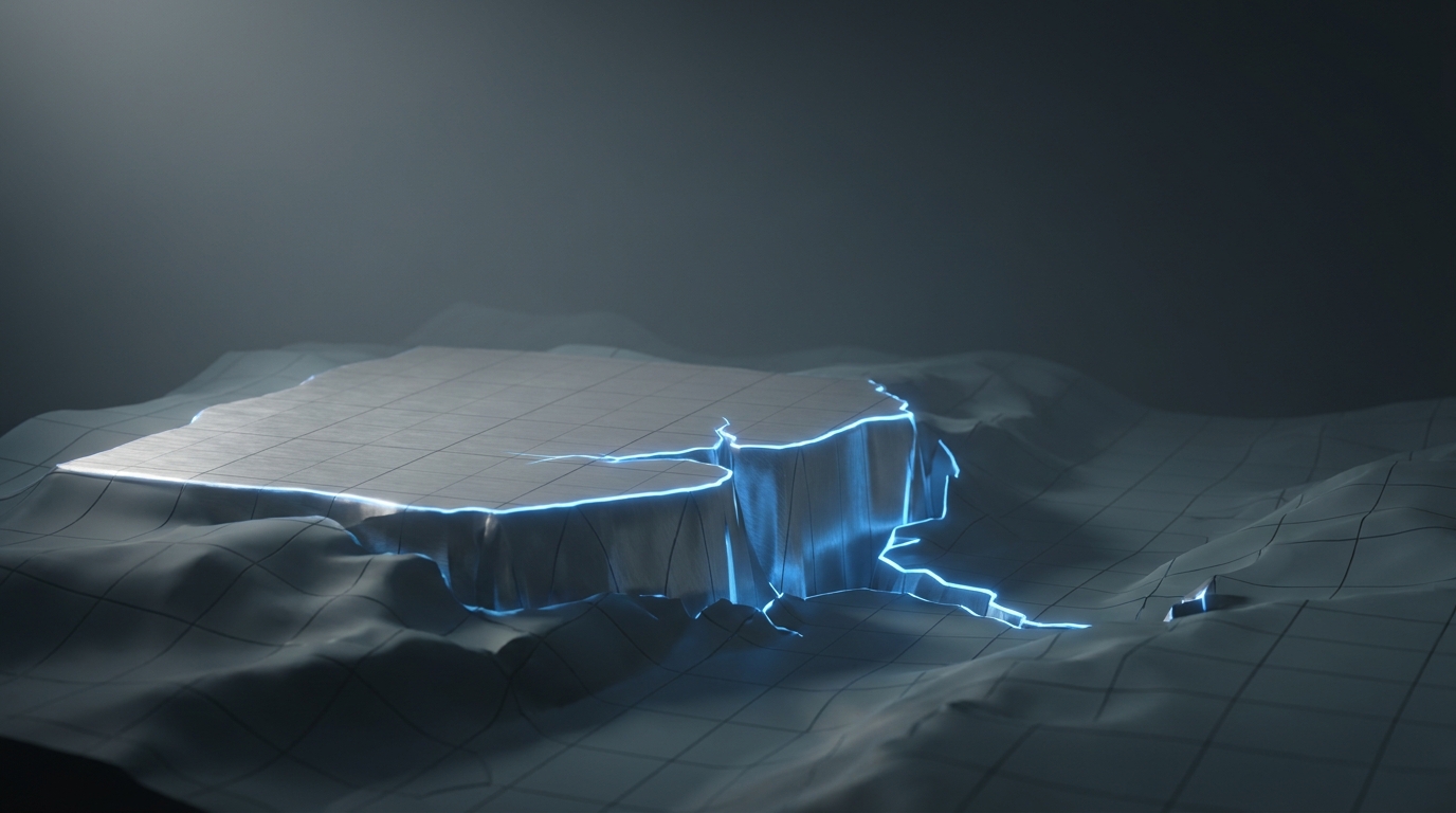 Abstract 3D editorial illustration of a topographic gridded landscape with a cracked plateau surface in electric blue against a deep slate background